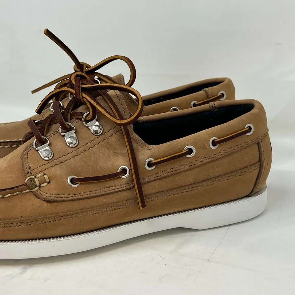 Polo Sport Ralph Lauren Boat Shoes Tan Leather Moc Toe Beige‎ Men's 8.5D VTG NEW